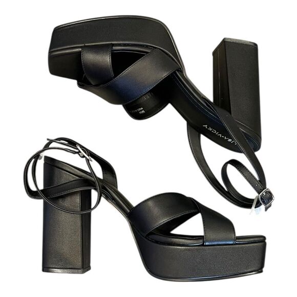Lisa Vicky Black Leather Jazz Platform Heel Sandals 8.5 - Picture 1 of 4